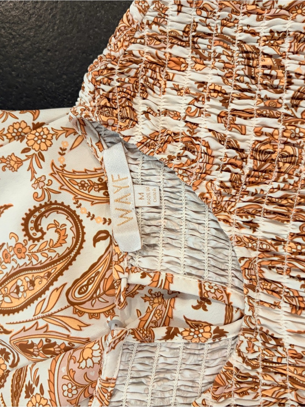 WAYF Smocked Paisley Print Top in White & Tan
